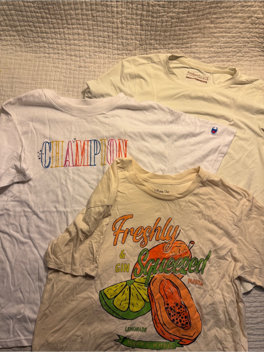 Women’s Champion & others. White & Cream Tee Bundle. Three shirts, size medium.